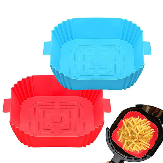 2Pcs Air Fryer Silicone Liners- Reusable Air Fryer Square Liner, Heat Resistant Easy Cleaning Air Fryer Silicone Pot for 3 to 6 Qt for Air Fryer Accessories (Red+Bule)