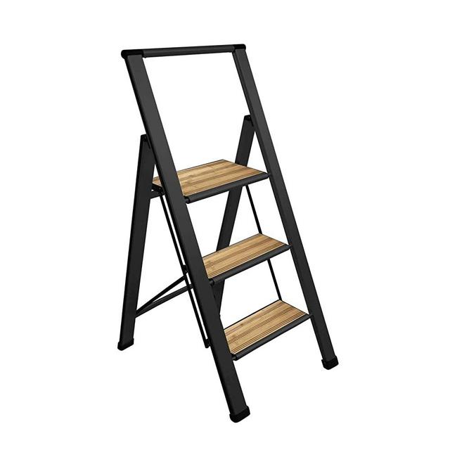 Sorfey Premium 3 Step Ladder, 2" Slim Design Anti-Slip Sturdy, Lightweight, Very Easy to Store, Heavy Duty, Stylish, Good for Your Kitchen, Pantry, Closets, Black Aluminum/Bamboo