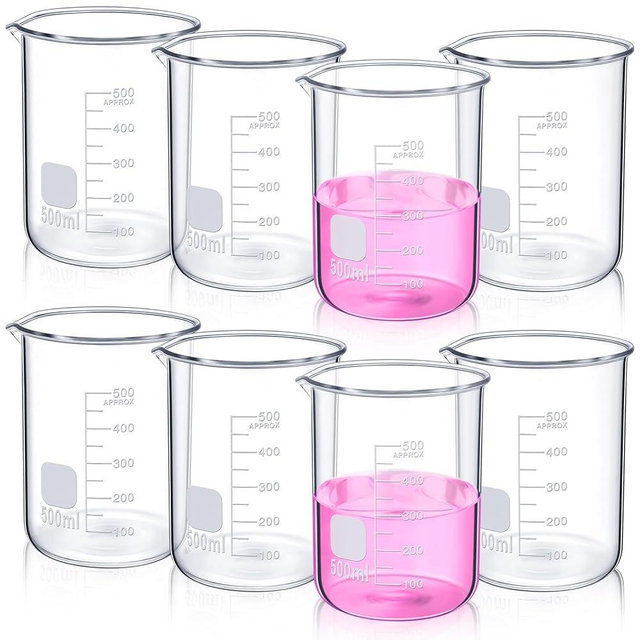 Relaxweex 8 Pcs 500 ml Glass Lab Beaker 3.3 Borosilicate Glass Measuring Cup with Spout Low Form Glassware for Laboratories Classrooms or Home Use