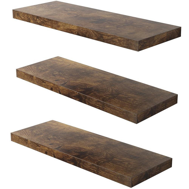 JPND Floating Shelf, Set of 3 Wall Shelf, 24 in W x 12.75 in D x 2 in H Wooden Floating Wall Shelf with Invisible Brackets for Living Room/Bedroom/Bathroom/Kitchen Storage and Decor, Rustic Brown