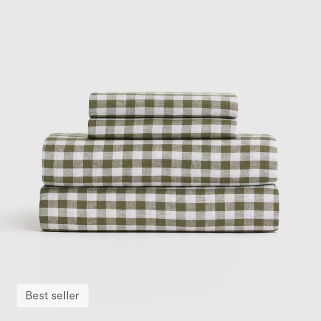 European Linen Gingham Sheet Set - Olive, Queen