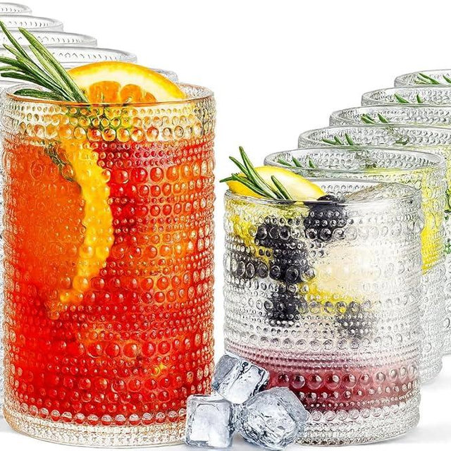 Khen Vintage Hobnail Drinking Glasses Set of 12, 13oz Highball Glasses & 10 oz Lowball Tumblers, Kitchen Water Glasses Cup, Bar Water, Juice, Cocktails Beer, Milk Indoor/Outdoor Bar & Party Drinkware