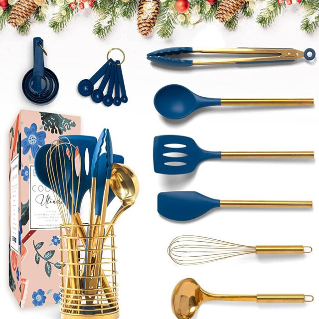 Gold and Navy Blue Kitchen Utensils Set -17PC Set Includes Gold Utensil Holder, Blue & Gold Measuring Cups and Spoons, Gold Kitchen Utensils - Navy Blue Kitchen Accessories, Unique Cooking Gifts