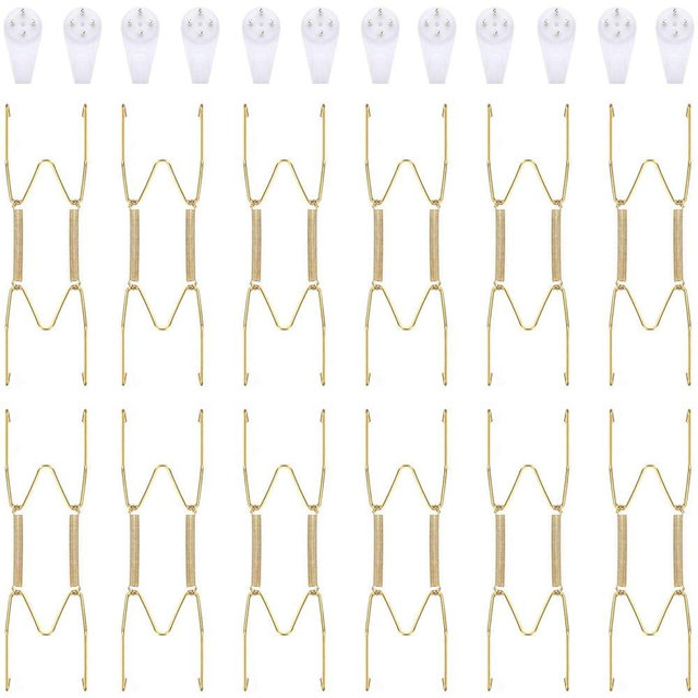 Hotop 12 Pieces Plate Hangers for Wall Stainless Steel Wire Invisible Plate Hangers Heavy Duty Display Holders with 12 Pieces Hooks for Wall Decoration(6 Inch,Gold)
