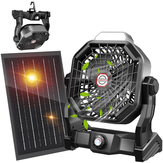 JINLICTE 20000mAh Solar fan with LED Lantern, Camping Fan with Solar Panel, 7W Rechargeable Powered for Outside, Quiet Battery Operated Tent Fan for Picnic, Barbecue, Fishing, Travel