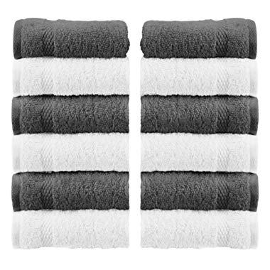 White Classic Luxury Cotton Washcloths - Large Hotel Spa Bathroom Face Towel | 12 Pack | (Grey/White)