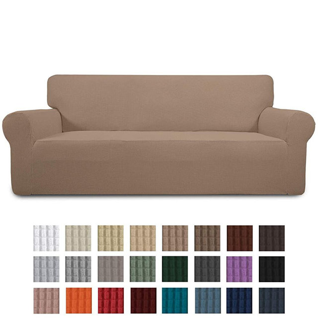 Easy-Going Stretch Sofa Slipcover 1-Piece Couch Sofa Cover Furniture Protector Soft with Elastic Bottom for Kids, Spandex Jacquard Fabric Small Checks(Oversized Sofa,Camel)