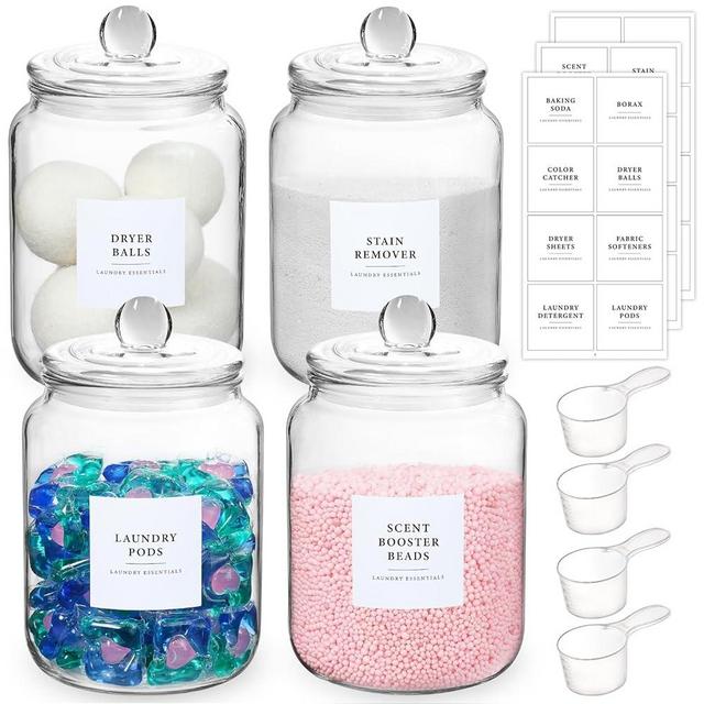 4 Pack Glass Jars with Lids and Labels, Glass Containers for Laundry Room Organization and Storage, Half Gallon Airtight Glass jars Holder for Laundry Detergent, Pods, Scent Booster Beads, 4 Spoons