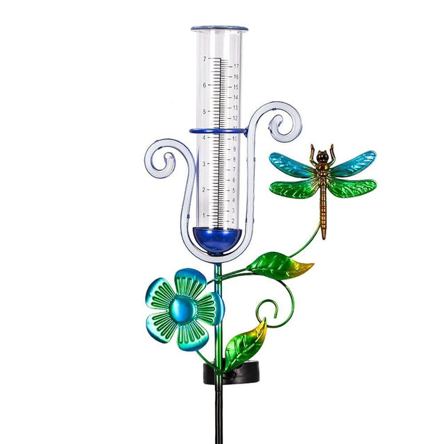 HOBYLUBY Dragonfly Rain Gauge Outdoor, Solar Rain Gauge with Led Neon Lights, 7 Inch Capacity Freeze Proof Rain Gauges for Patio, Garden Yard, Measuring Precipitation