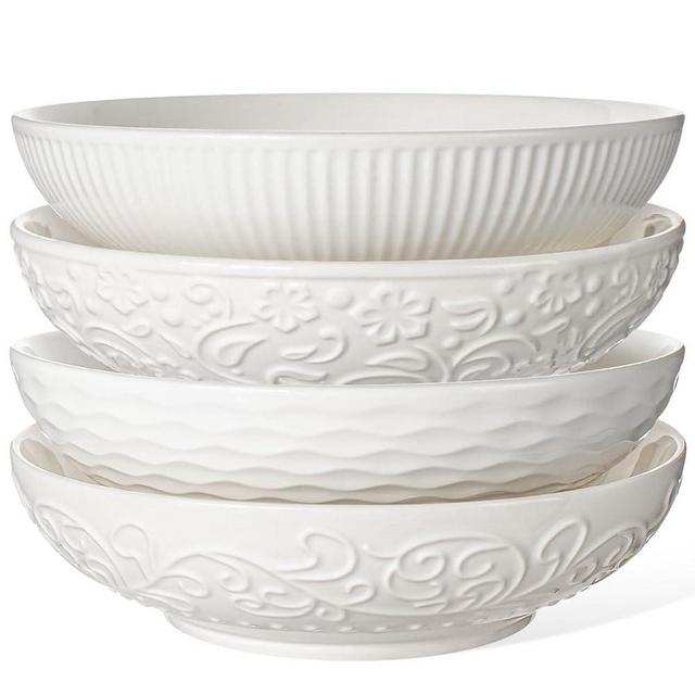 Artena Pasta Bowls 32oz, Ceramic Large Salad Bowls 8 inch, Embossed Soup Bowls Set of 4, White Serving Bowls for Entertaining, Wide Shallow Dinner Bowls, Microwave Dishwasher Oven Safe (Mixed Pattern)