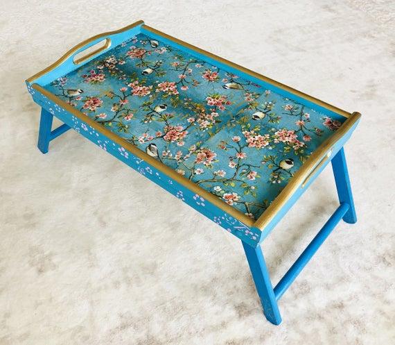 Folding table tray Chinoiserie Birds, Breakfast table with legs, Laptop stand, Blue serving tray, Breakfast in bed table