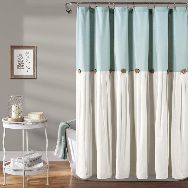 Lush Decor Linen Button Shower Curtain Single 72" W x 78" L Blue & White - Extra Long Shower Curtains - Blue Shower Curtain Fabric - Farmhouse Bathroom Decor