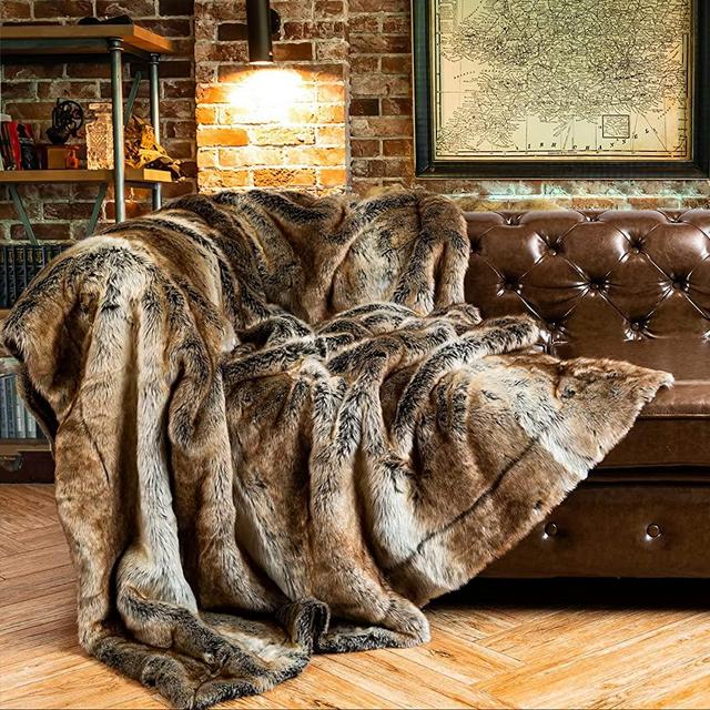 BATTILO HOME Luxury Faux Fur Warm Elegant Cozy Throw Decorative Blanket Bed Sofa Blanket Thick Warm Reversible to Plush Velvet (Brown, 60"x80")