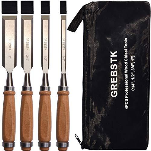 GREBSTK Professional Wood Chisel Tool Sets Sturdy Beech Wood Handles and Chrome Vanadium Stainless Steel Woodworking Tools with Zippered Bag for Carving Knifes/Chisel Kit, 4PCS, 1/4",1/2",3/4",1"