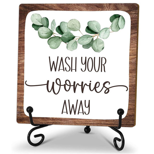 5" Wooden Plaque For Bathroom, Wash Your Worries Away Sign, Funny Bathroom Laundry Room Desk Decor, Restroom Guest Bathroom Decoration, Funny Toilet Washroom Plaque Sign Decor-A06