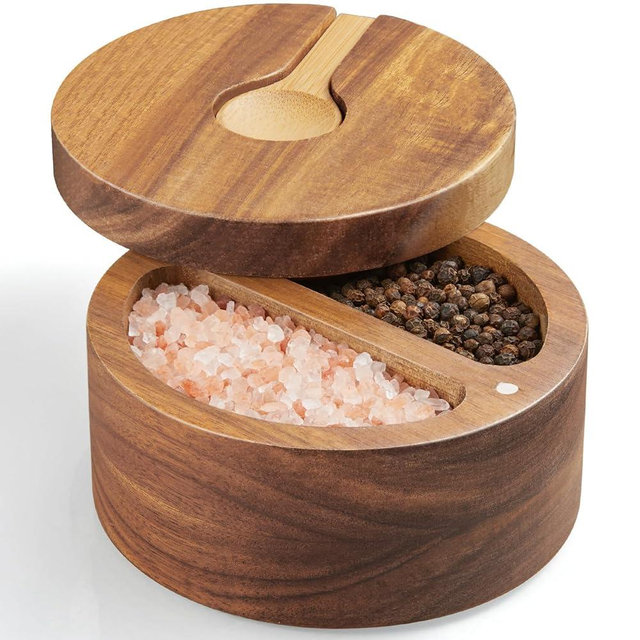 OUTNILI 2-Compartment Acacia Salt Box with Lid and Spoon, Bamboo Salt Cellar with Swivel Lid, Salt Container Holder for Sea Salt Herbs or Favorite Seasonings, Dual 6 oz Salt Bowl