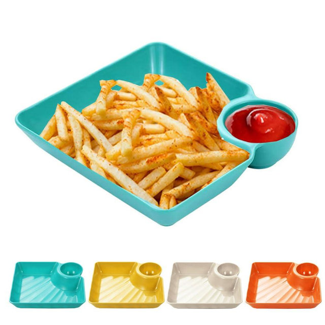 4 Pcs Chips and Salsa Serving Dish Plates, Veggie Platter Dipping Serving Trays with Sauce Rack for Buffet Family Party Appetizer Sushi Taco Salsa Charcuterie Barbecue Plate, Reusable (Mixed Colors)
