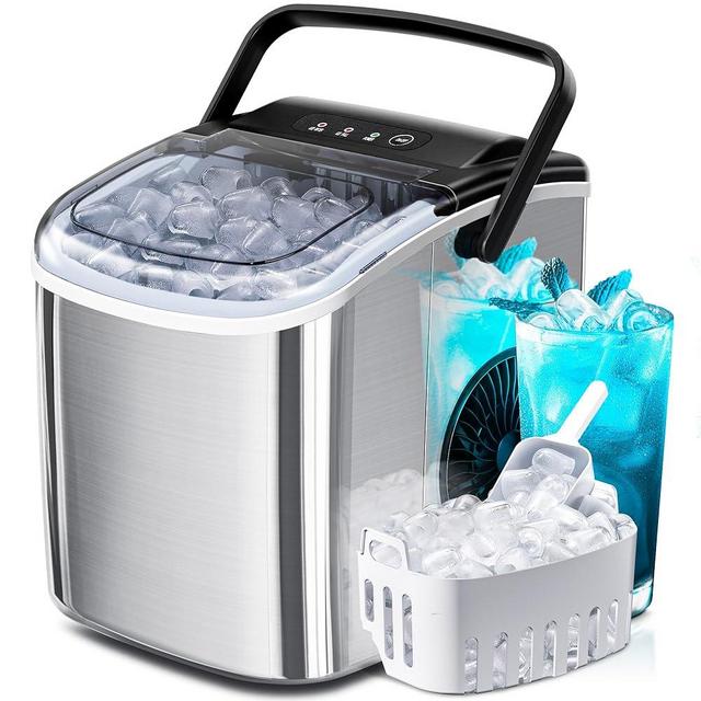 Portable Ice Maker Machine with Handle, 26lbs/24Hrs, 6Mins/9 Ice Cubes, Self-Cleaning with Basket/Scoop, Countertop Ice Makers for Home/Kitchen/Office(Stainless steesl)