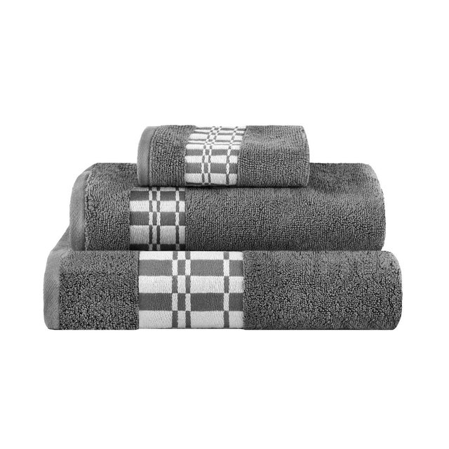100% Cotton Medium Weight Geometric Border 3 Piece Assorted Bathroom Towel Set, Navy Blue - Blue Nile Mills