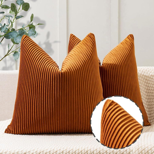 YCOLL Burnt Orange Pillow Covers 18x18 Set of 2 Velvet Striped Pattern - Soft Throw Pillows for Home Decor, Luxury Decorative Pillow Covers for Sofa, Bed