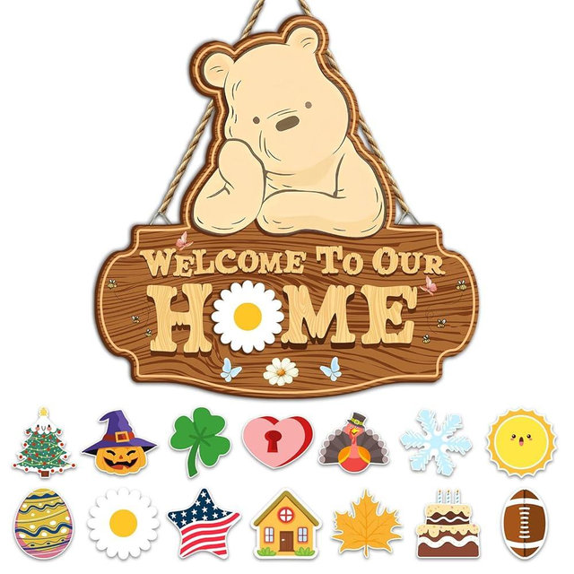 Winnie Welcome Sign for Door Decor, the Pooh Welcome to Our Home Sign with Interchangeable Holiday Sign, Welcome Door Sign Perfect for Housewarming Gift, Christmas Thanksgiving Gifts