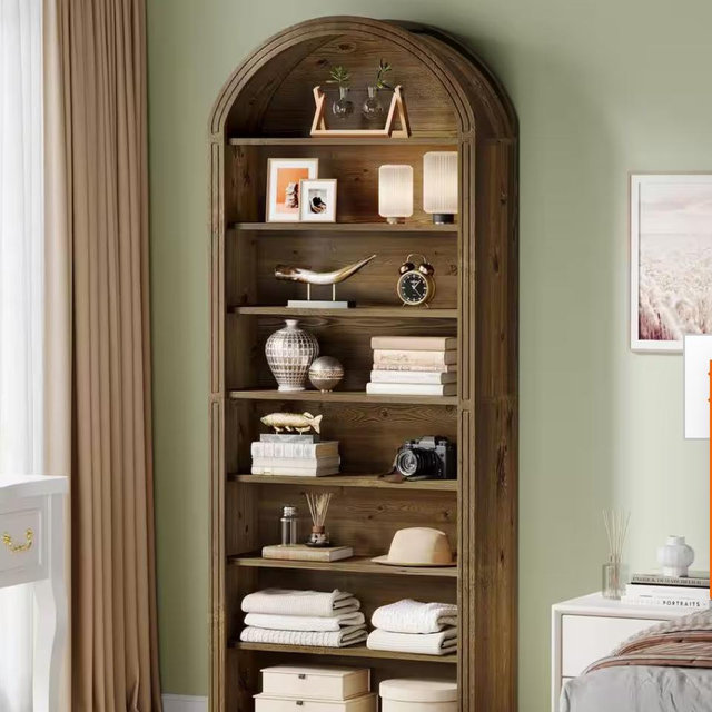Brown Wood 8-Brown Shelf Etagere Bookcase with Semi-Circular Top Design