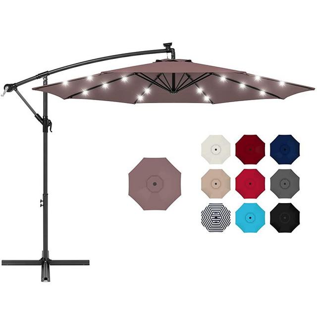 Best Choice Products 10ft Solar LED Offset Hanging Market Patio Umbrella for Backyard, Poolside, Lawn and Garden w/Easy Tilt Adjustment, Polyester Shade, 8 Ribs - Deep Taupe