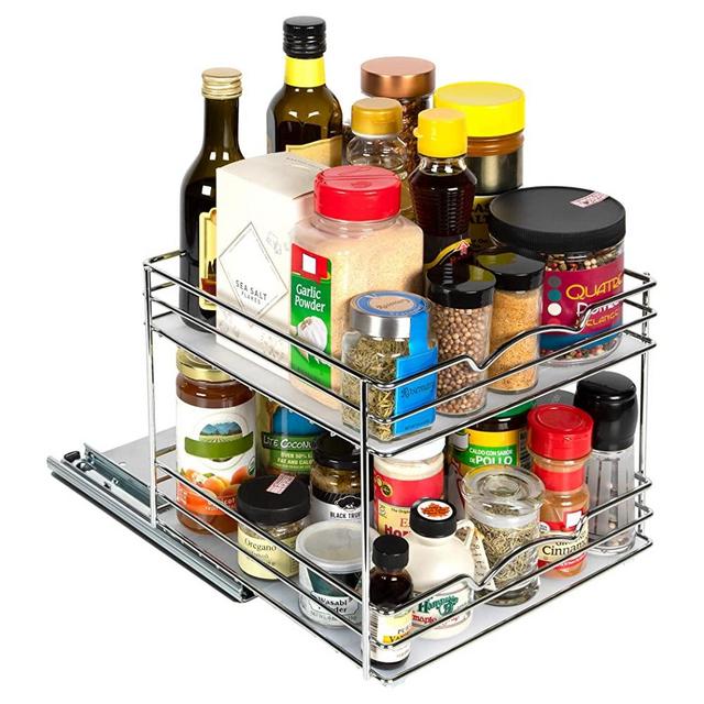Pull Out Spice Rack Organizer for Cabinet – Heavy Duty Slide Out Double Rack 10-3/8"W x10-3/8"D x 8-7/8 H for Upper Kitchen Cabinets and Pantry Closet, for Spices, Sauces, Cans 6” Between Shelves