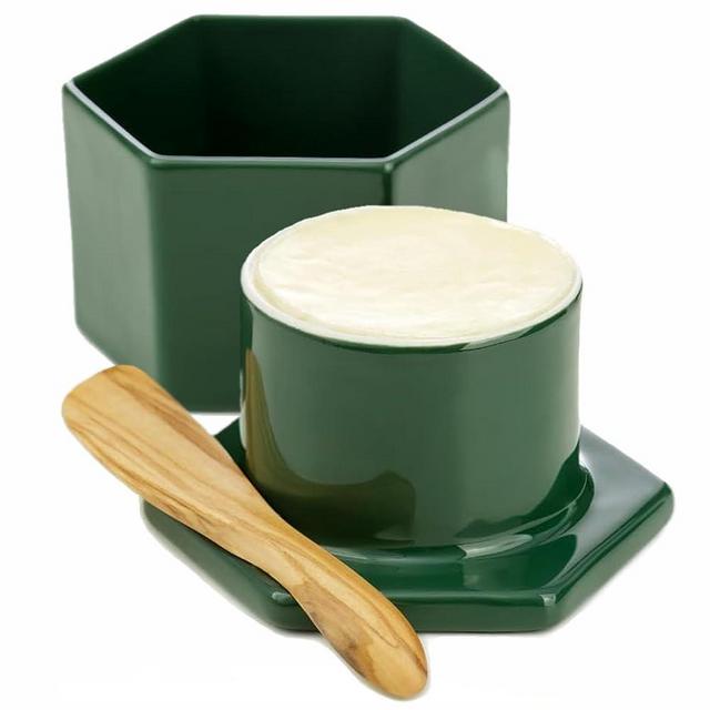 The Lunga Collection French Butter Crock & Wood Spreading Knife - French Butter Keeper for Counter with water - French Butter Dish (Emerald Green)