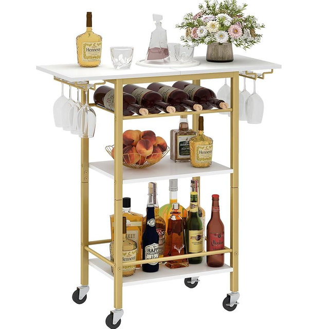 LAATOOREE Bar Cart, Home Bar Serving Cart, 3 Tier Mobile Drink Beverage Cart, Rolling Kitchen Shelf with Wine and Glass Holder, for Dinning Room, Living Room, Kitchen