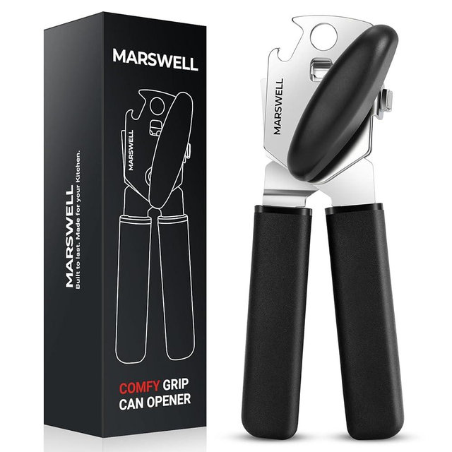 Can Opener Manual, MARSWELL Comfy Grip Can Opener Hand Held with Magnetic Lifter, Smooth Cutting Sharp Blade, Manual CanOpener for Seniors with Easy Turn Knob, Black