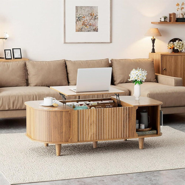 ZONVEOKE Oval Lift Top Coffee Table, Mid Century Modern Center Table with 3 Hidden Compartment, Coffee Tables with Storage Open Shelf and Sliding Cabinet Door for Home Living Room Office (Walnut)
