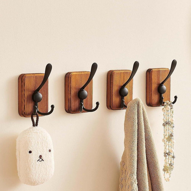 LECHYN 4 Pack Rustic Coat Hooks Wall Mount, Farmhouse Towel Hooks for Bathrooms, Heavy Duty Adhesive Mounted & Drill Mount Decorative Wood Wall Hooks for Hanging Towel Robe Backpack (Brown)
