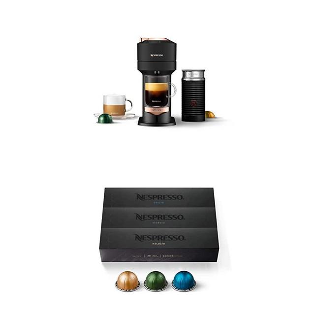 Nespresso Vertuo Next Coffee and Espresso Maker by De'Longhi,Deluxe Matte Black Rose Gold with Aeroccino Milk Frother + Nespresso Capsules VertuoLine, Medium and Dark Roast Coffee,30 Count Coffee Pods