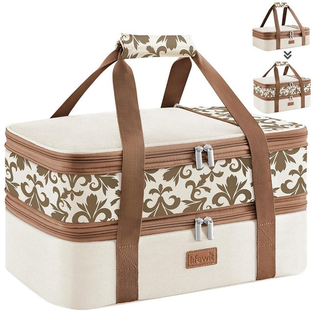 Lifewit Expandable Insulated Casserole Carrier for Hot or Cold Food, Double Decker Food Bag Lasagna Holder Carry Tote for Potluck Parties/Picnic/Cookouts, Fits 9"x13" Baking Dish, Cream-Flowers