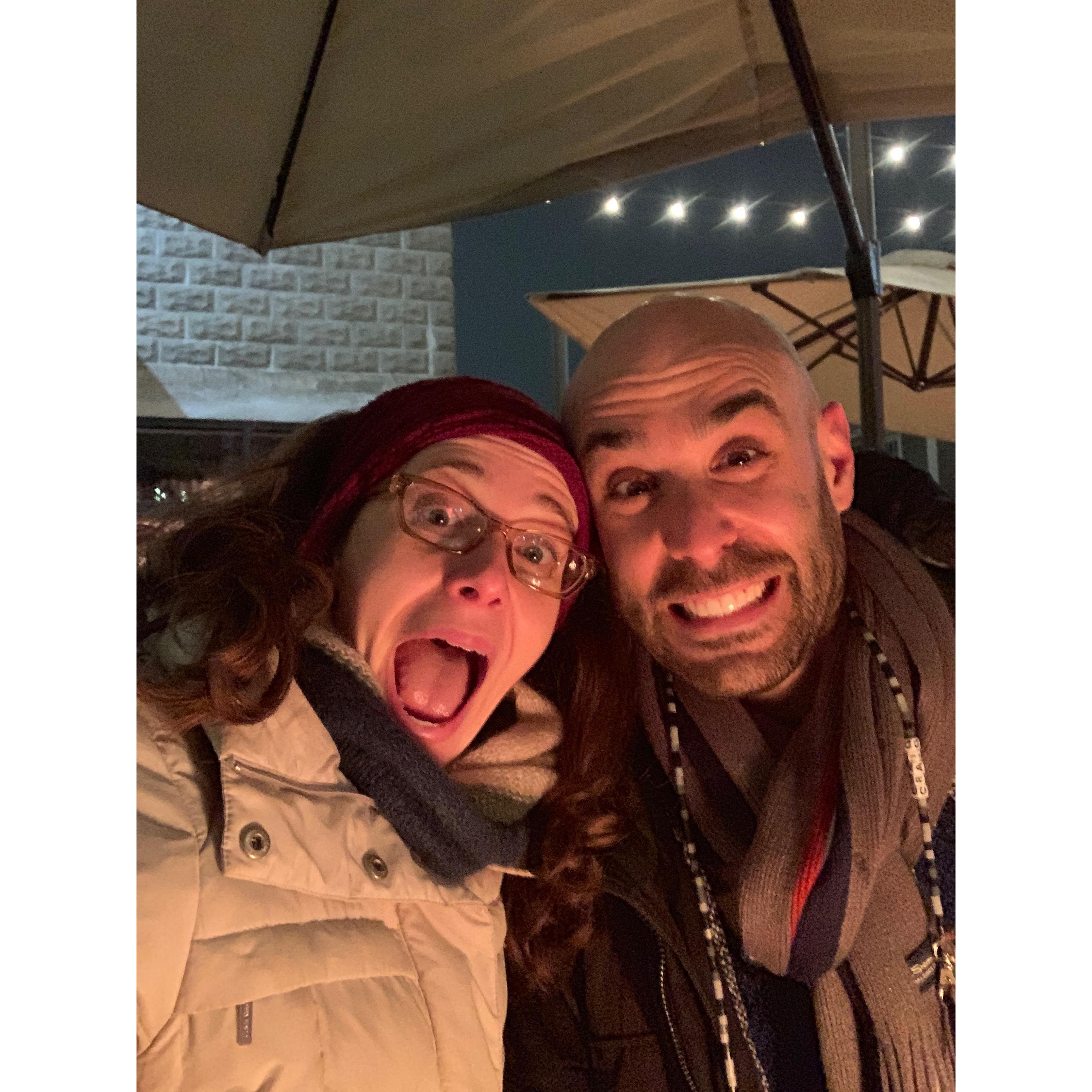 Celebrating Gaby's graduate comprehensive exam. Pretty much the only place we could go out during COVID b/c it was equipped with outdoor fireplaces and NE is COLD in the wintertime!
