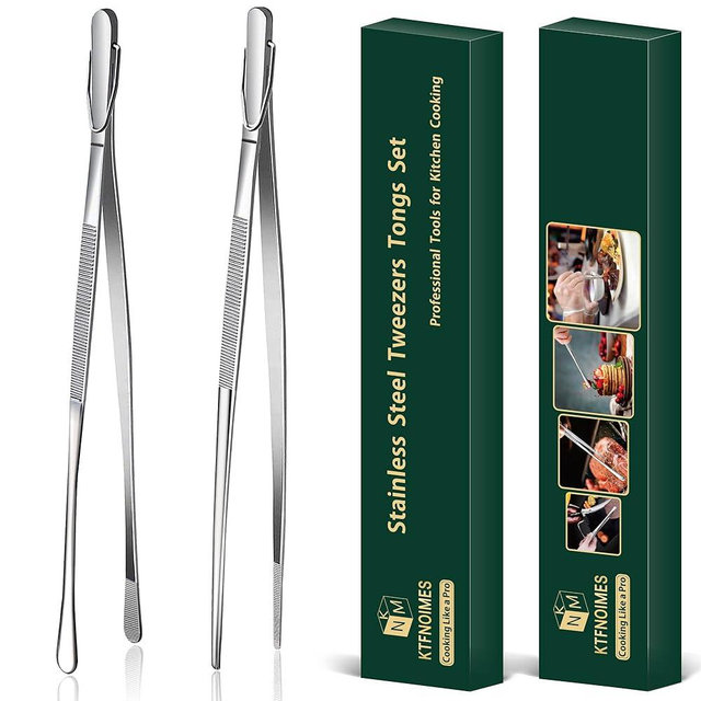 KTFNOMES 2 Pcs 12-Inch Cooking Tweezers Fine Tweezer Tongs, Extra-Long Stainless Steel Kitchen Tweezers, for Grilling, Serving, and Food Preparation,Silver