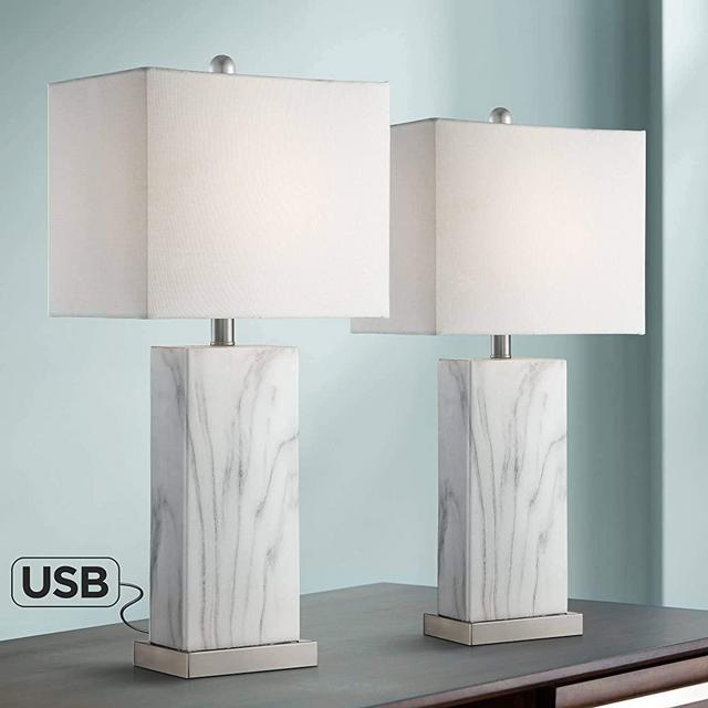 Connie Modern Table Lamps Set of 2 with USB Charging Ports White Faux Marble Rectangular Shade for Living Room Bedroom Bedside Nightstand Office Family - 360 Lighting