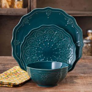 Farmhouse Lace Dinnerware Set, 12-Piece, Ocean Teal (Ocean Teal)