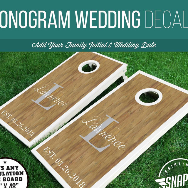 Personalized Monogram and Date Wedding Cornhole Decals, Bag Toss Board Wraps, For Bride & Groom, Faux Wood Look - Pair - Wedding