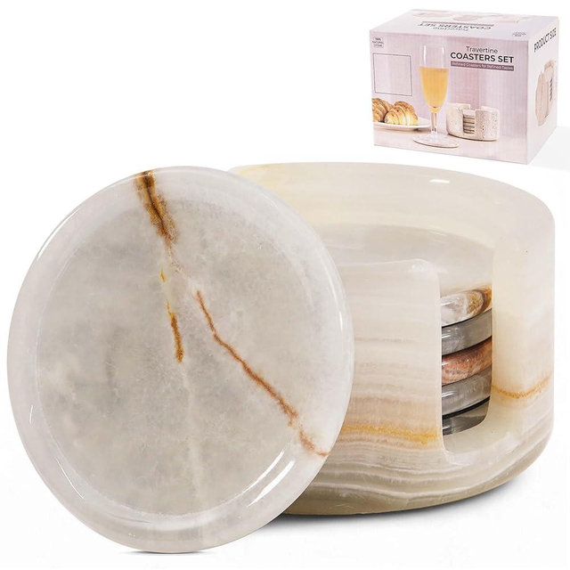 SPESHSTONES Marble Coasters Set of 6 White Onyx 3.5 Inch Handmade Round Stone Coaster for Drinks with Holder - Ideal Drink Coasters for Coffee Bar Accessories, Dining Table & Home Décor