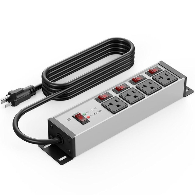 CCCEI Heavy Duty Surge Protector Power Strip 20 Amp Individual Switches. 6FT 12 Gauge Extension Cord with Multiple Outlets. Kitchen, Garage, Shop, Industrial Wall Mount Electric Extender, Grey.
