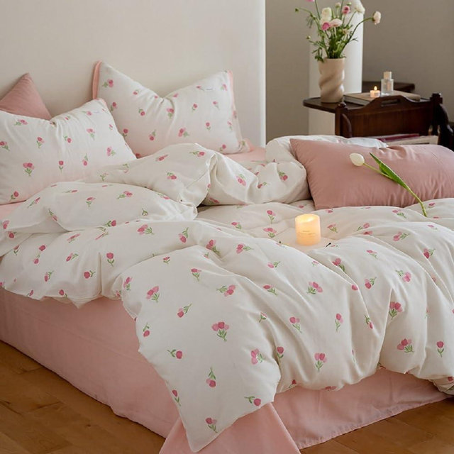 Erwinmu Floral Comforter Set Queen Size - 3 Pieces Pink White Floral Comforter Bedding Sets Tulips Pattern,Queen Bed in a Bag with Heart Comforter and 2 Pillowcases