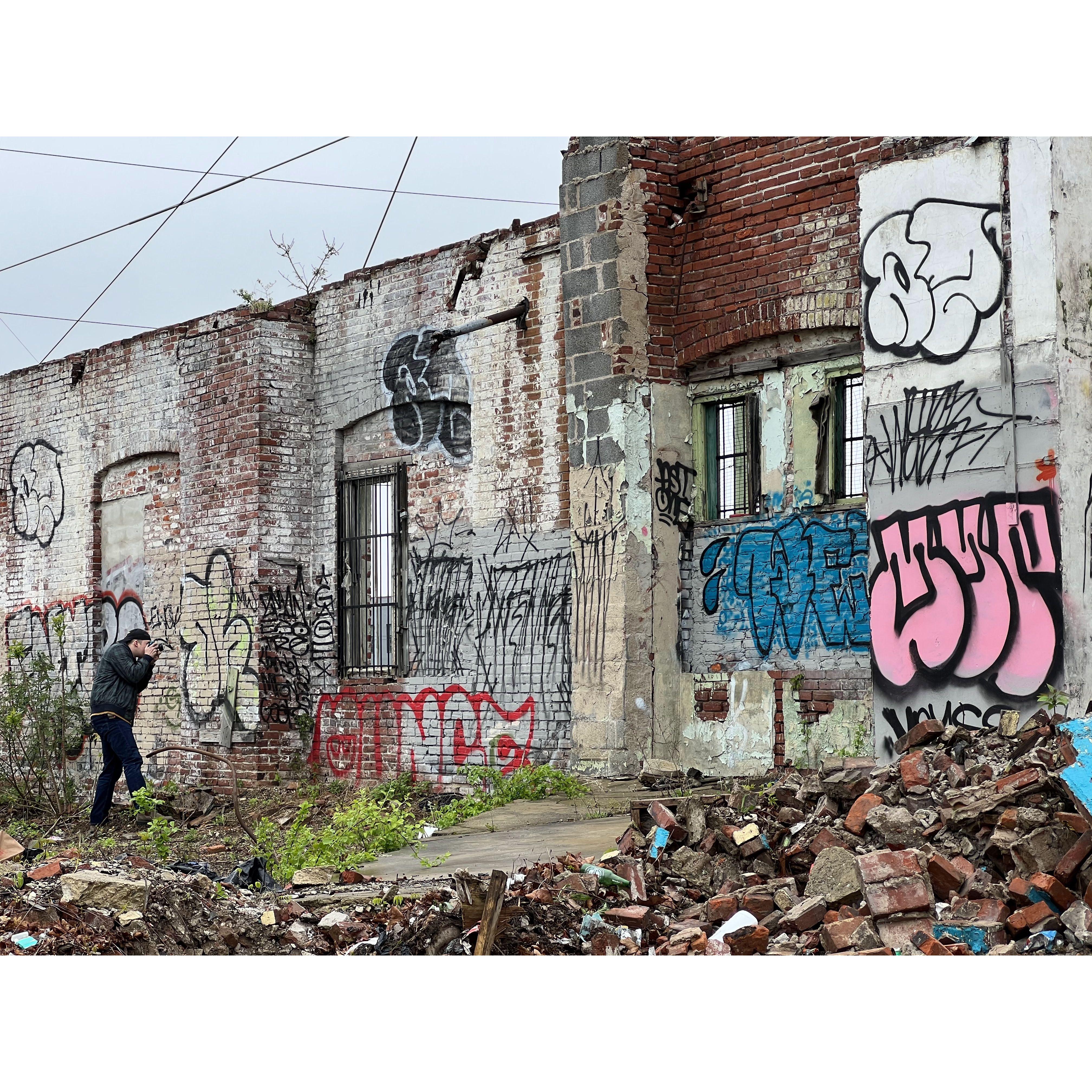 Ben's birthday, in his natural habitat, taking photos in a demolished building. One week before Aimee bit the bullet and said, "Wait! I have to tell you something!"