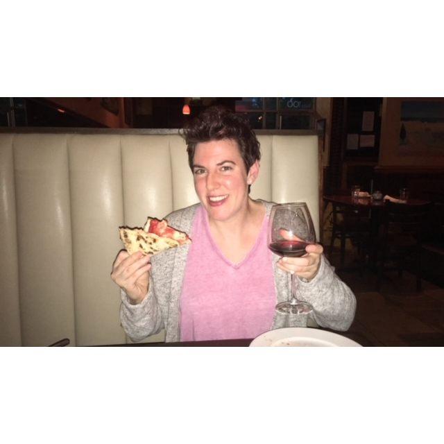 Tracy's two favorite things; wine and pizza!