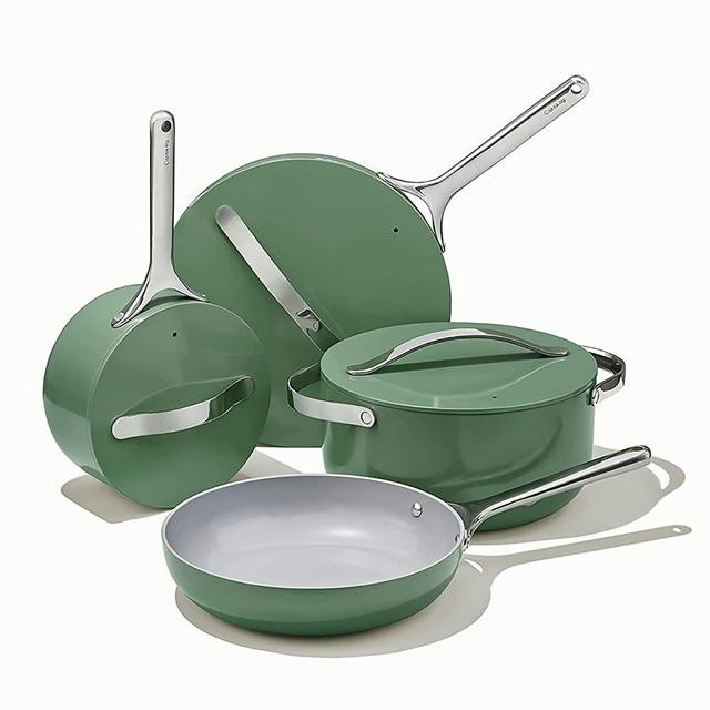 Caraway Nonstick Ceramic Cookware Set - Aluminum Core and Stainless Steel Handles - Elegant Storage Solutions Included - Sage