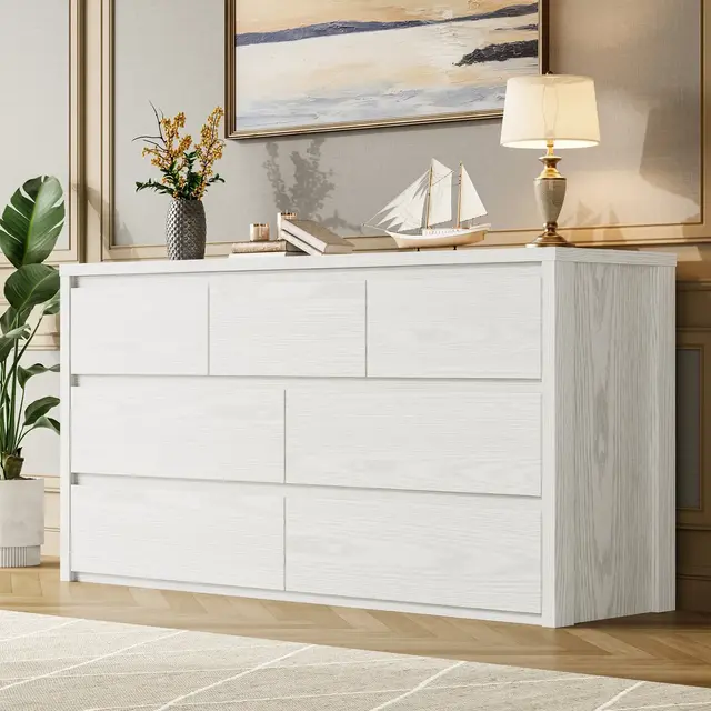7 Drawer Dresser for Bedroom, Wide Modern Chest of Drawers, Large Wood Dresser Wooden Storage Organizer for Living Room, Hallway,White