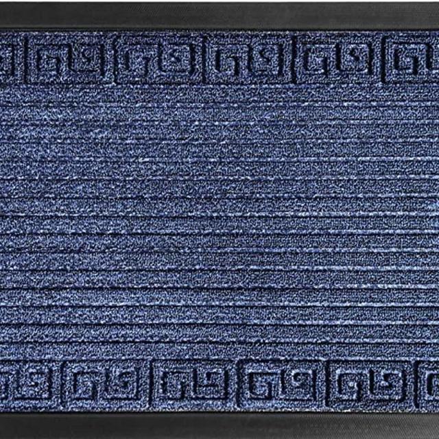 Gorilla Grip Original Durable Natural Rubber Door Mat, 29x17, Heavy Duty Doormat, Indoor Outdoor, Waterproof, Easy Clean, Low-Profile Mats for High Traffic Areas, Navy Blue Greek Keys