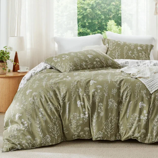 Comforter Set Plants Pattern 3pcs Queen Size Olive Green - Bedsure