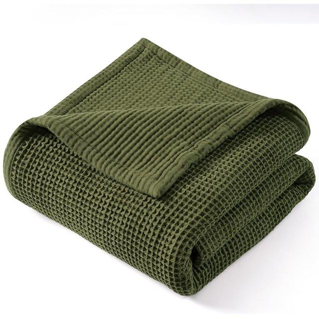 PHF Reversible Waffle & Muslin Blanket 100% Cotton 400GSM Queen Size 90" x 90", Breathable Lightweight and Soft, Luxury Aesthetic Waffle Gauze Blanket for Home Decor, Ideal Gift, Olive Green
